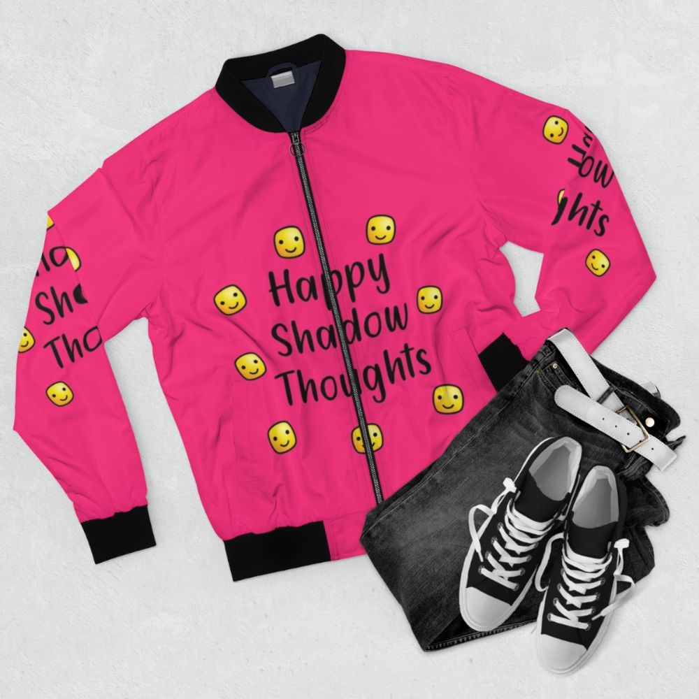 Happy Shadow Thoughts Bomber Jacket with Motivational Quote - Flat lay