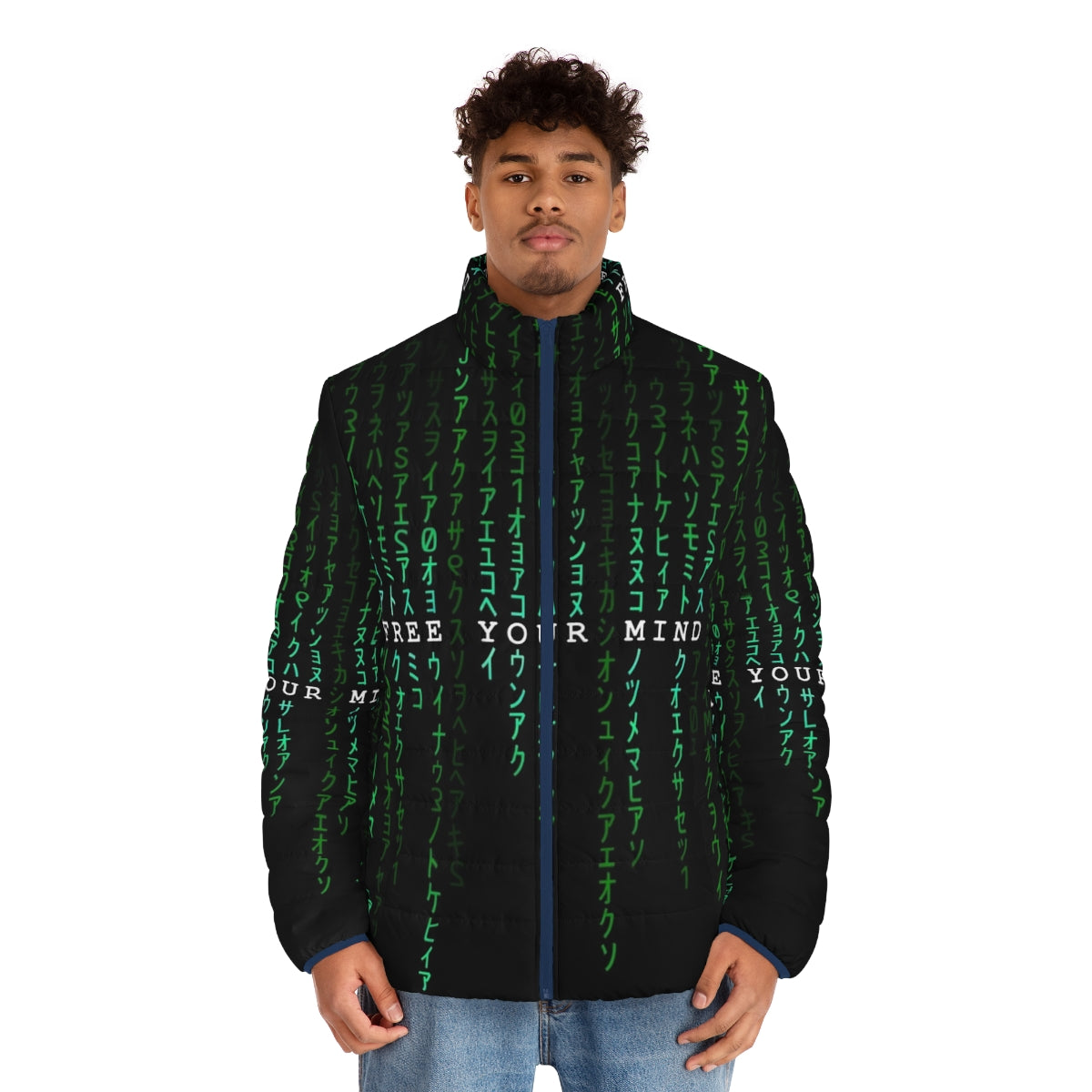 A puffer jacket with a matrix-inspired "free your mind" design and digital rain pattern - men front