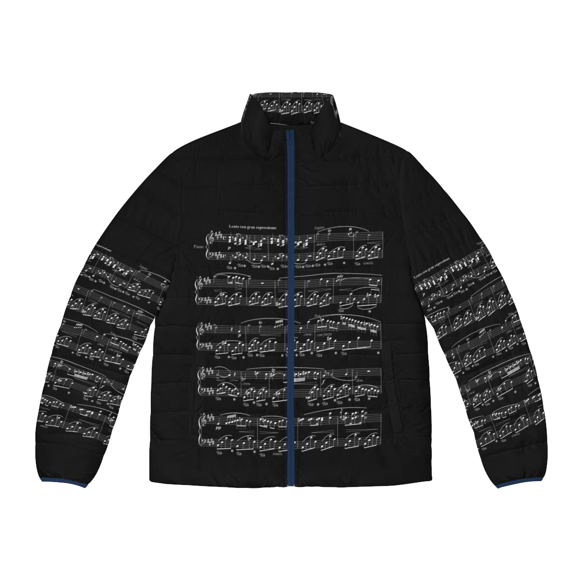 Puffer jacket with musical notes and Chopin Nocturne design