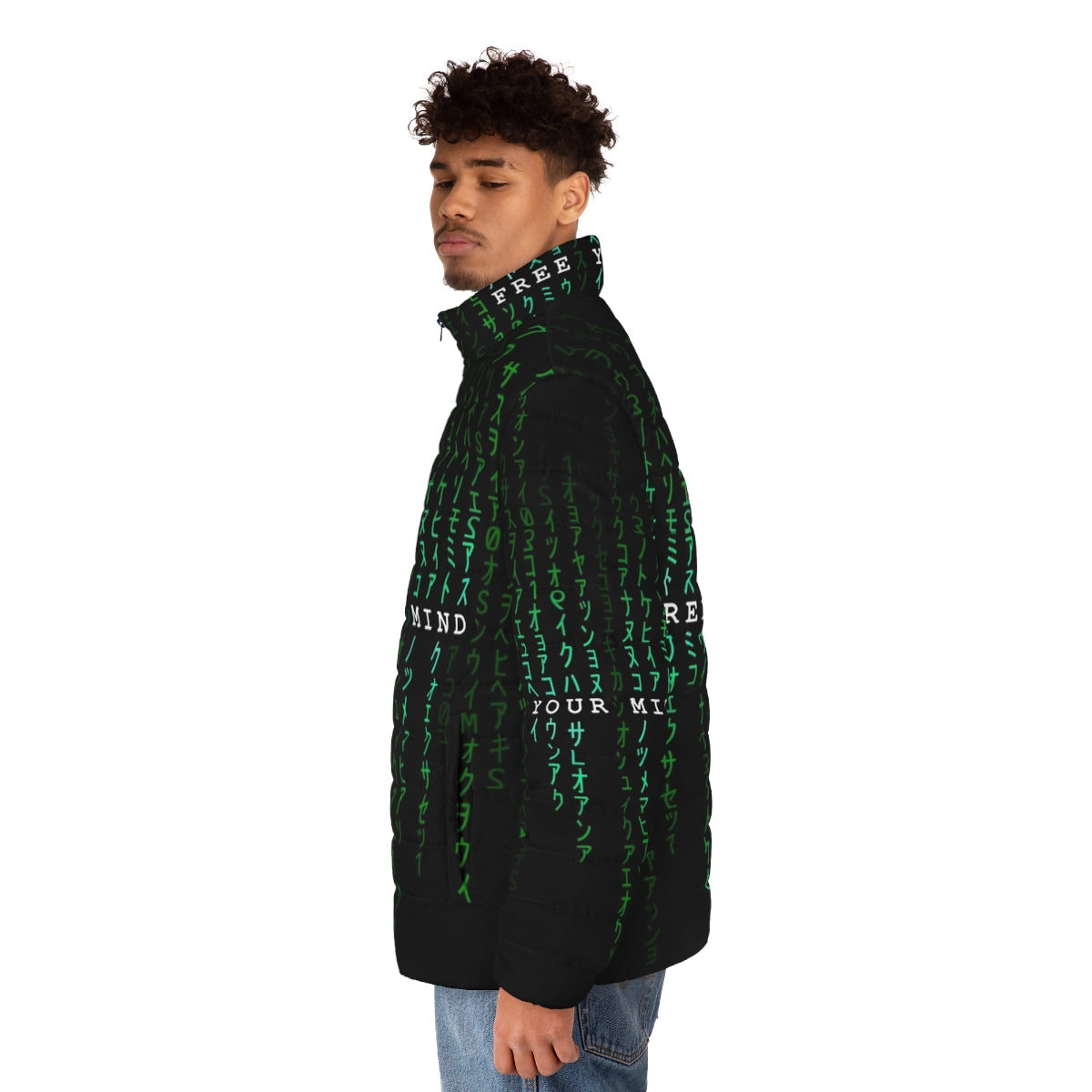 A puffer jacket with a matrix-inspired "free your mind" design and digital rain pattern - men side left