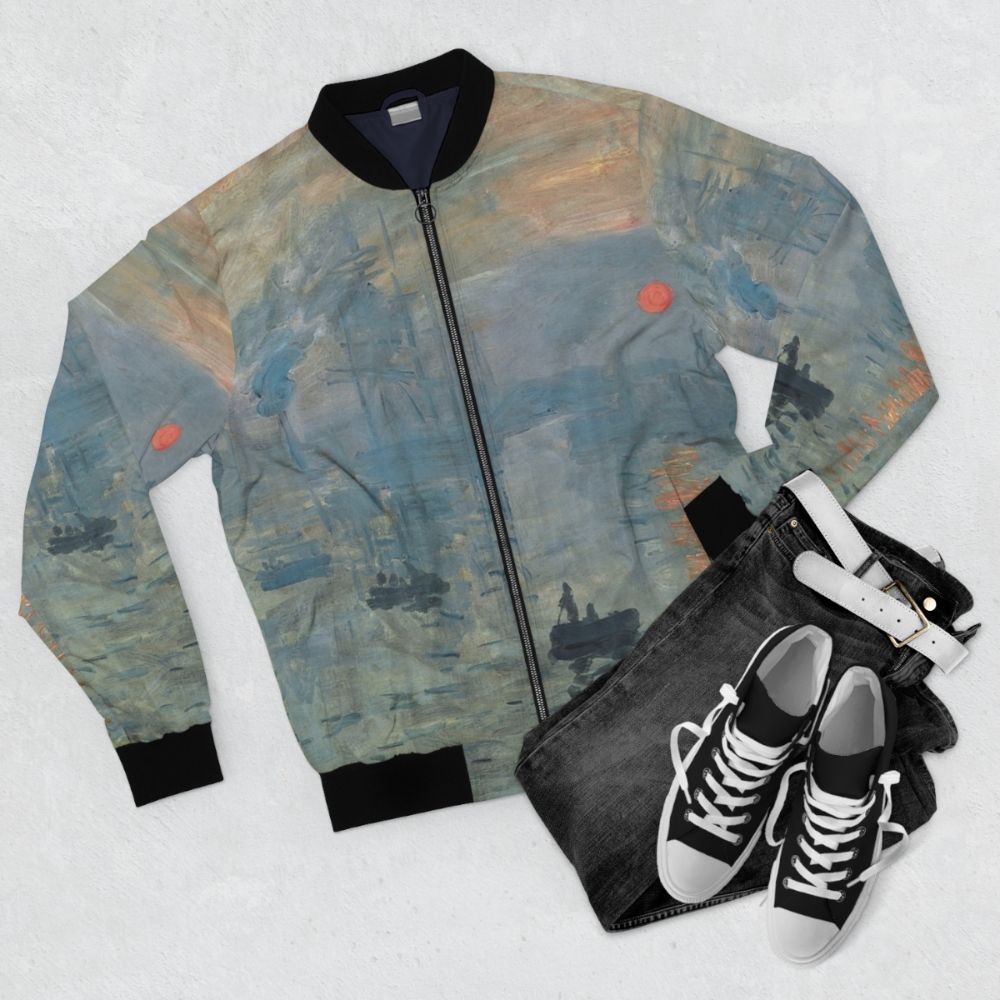 Claude Monet Impression Sunrise Fine Art Bomber Jacket - Flat lay