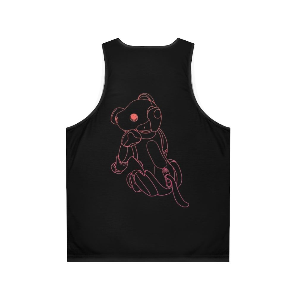 Unisex tank top with a graphic design of a robot dog in a futuristic sunset scene - Back