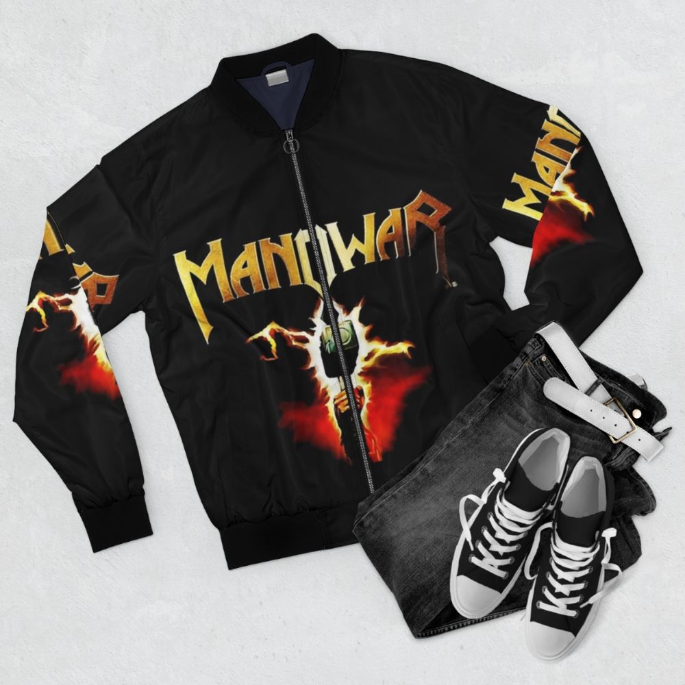 Manowar band logo printed on a stylish bomber jacket - Flat lay