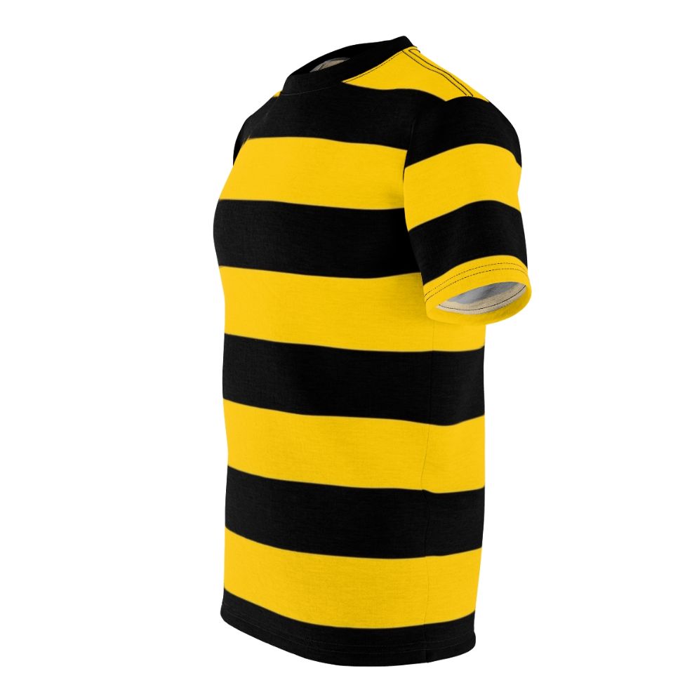 A high-quality all-over print t-shirt featuring a stylized bee pattern with black and yellow striped background. - men left