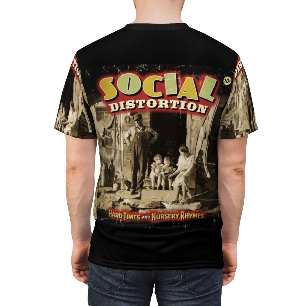 Stylish Social Distortion inspired graphic tee shirt with "Hard Times And Nursery Rhymes" design - men back