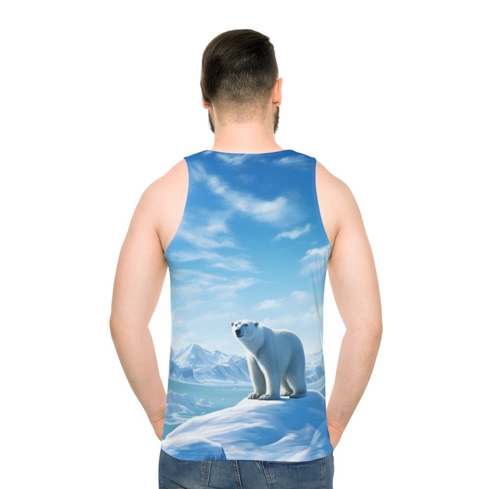 Unisex tank top featuring a breathtaking arctic landscape with a polar bear - men back