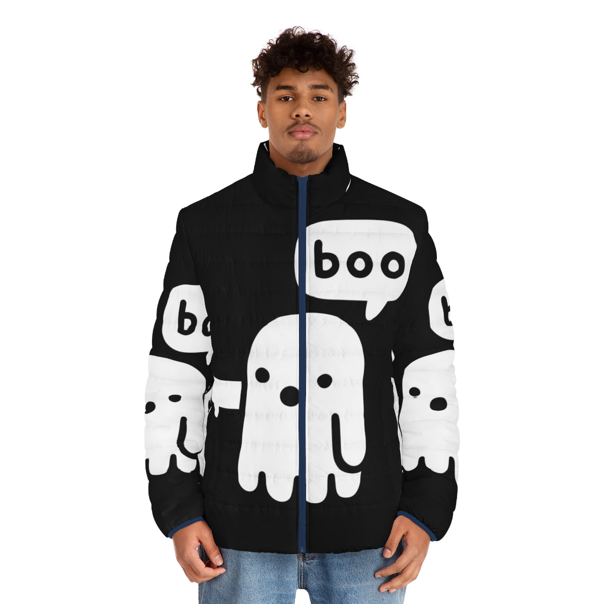 Spooky ghost puffer jacket with a disapproving design - men front