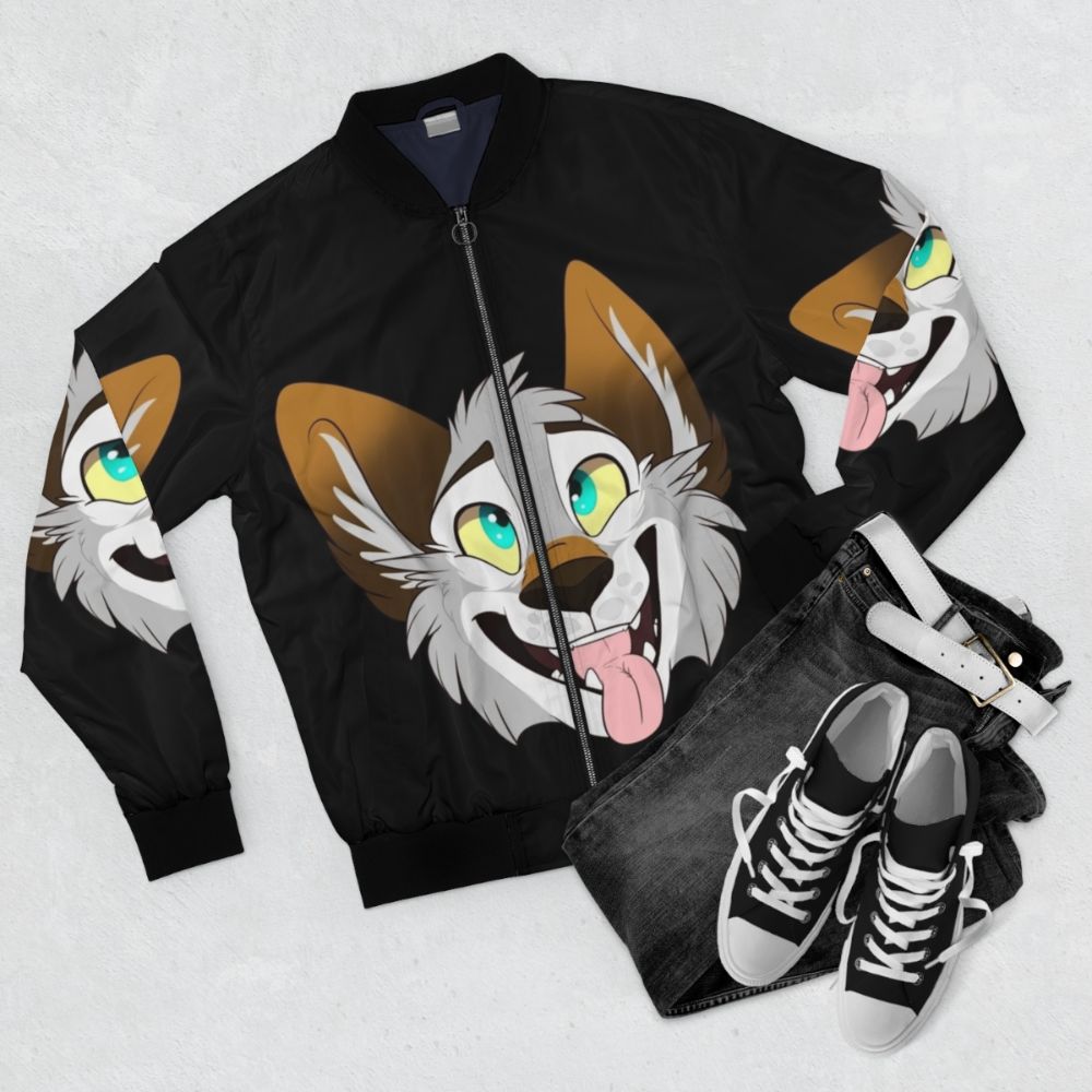 A happy, smiling wolf cartoon design on a bomber jacket. - Flat lay