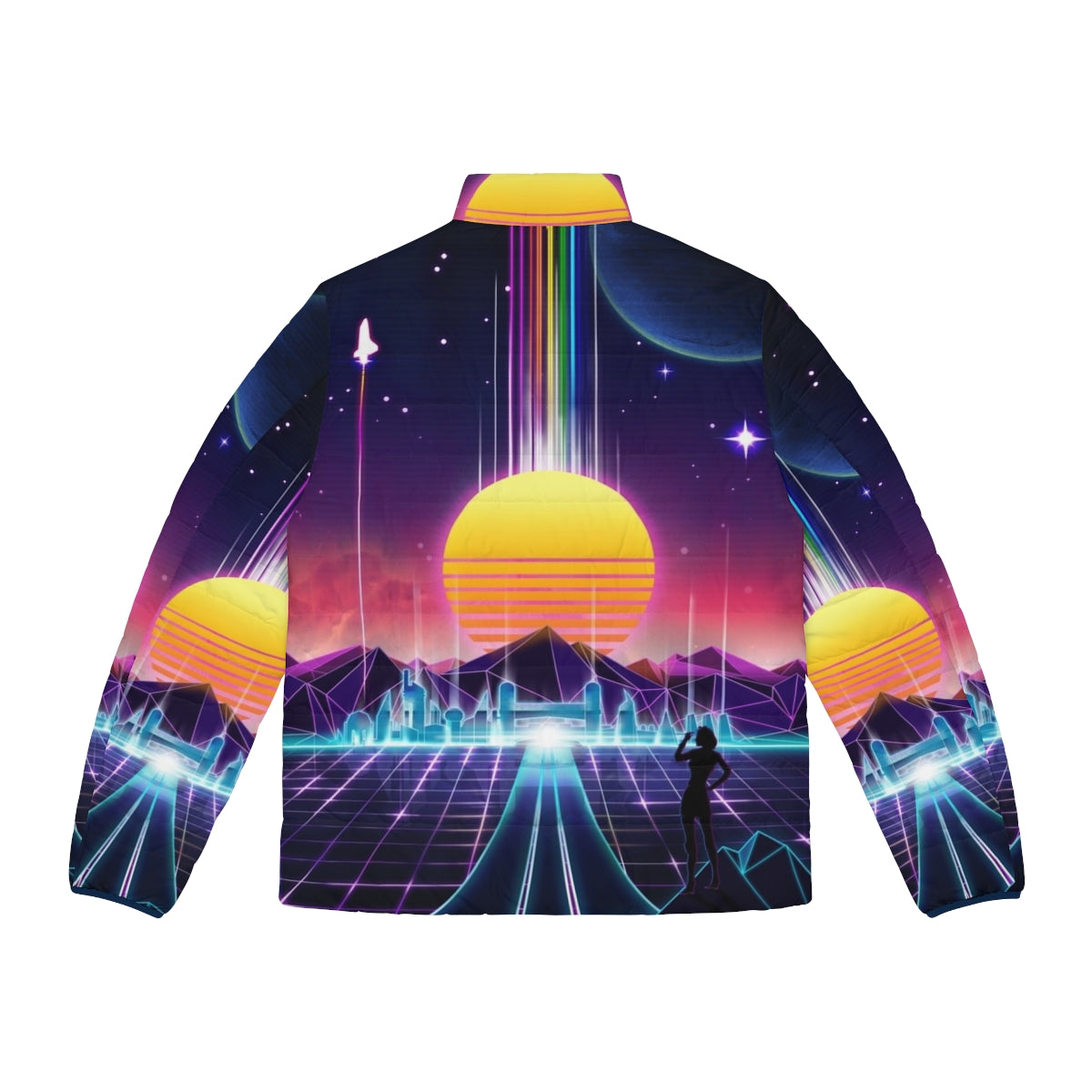 Neon Sunrise Retro Futuristic Puffer Jacket with video game and space exploration inspired design - Back