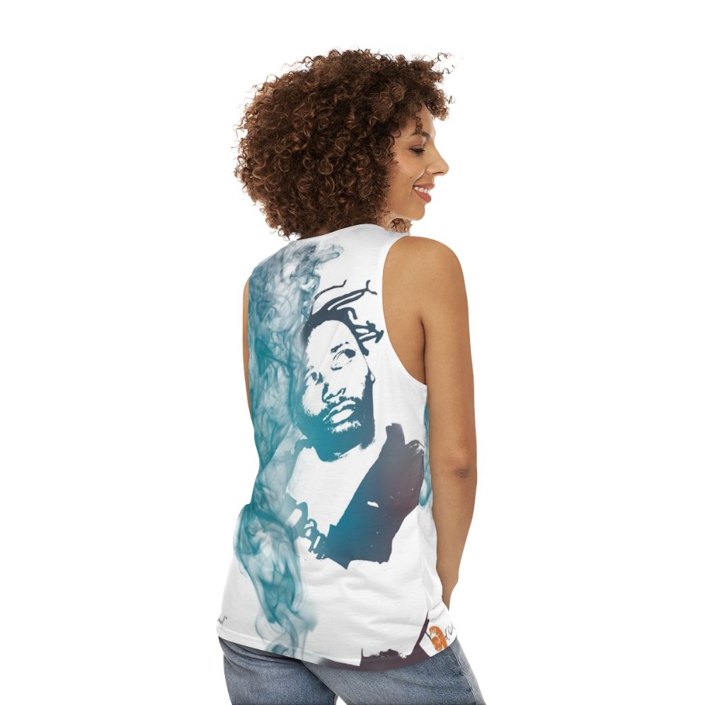 Ol Dirty Bastard smoke dispersion portrait on unisex tank top - women back