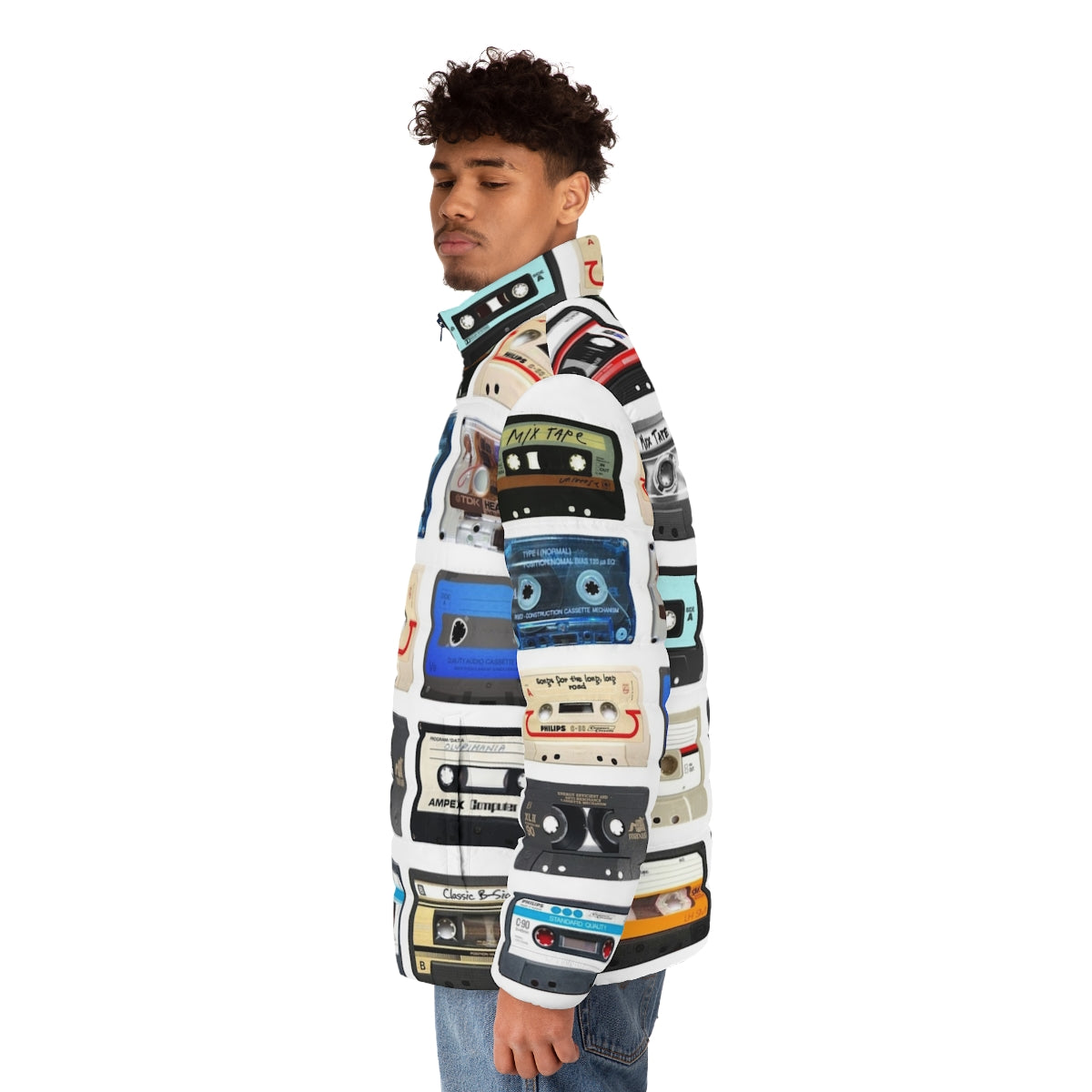 Music Puffer Jacket featuring retro, geeky, and pop culture inspired design - men side left