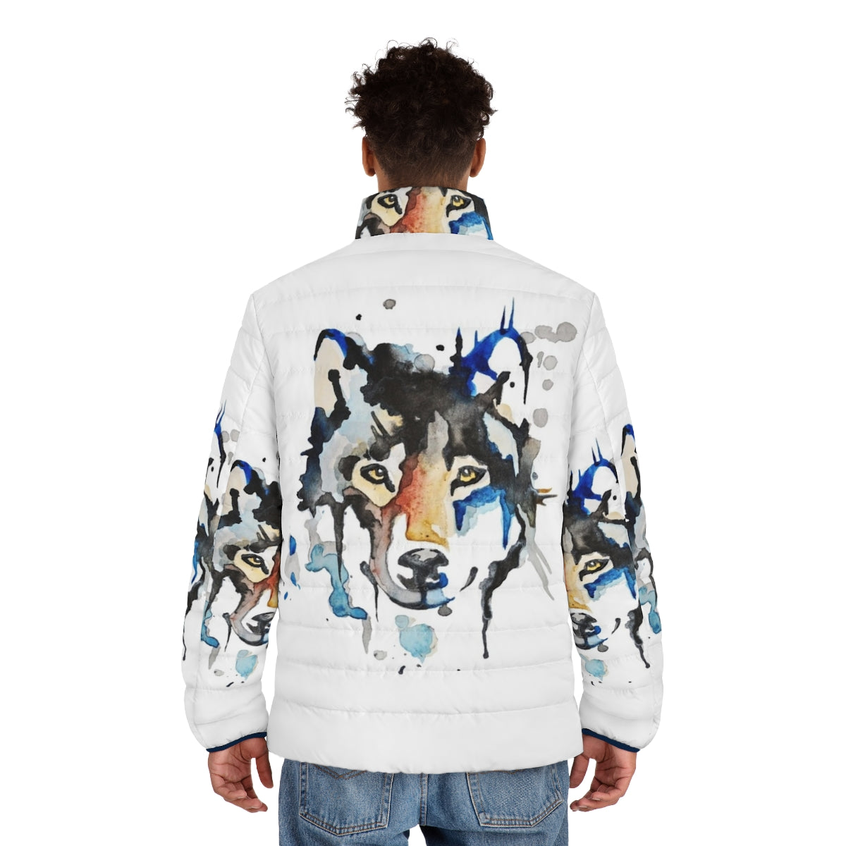 Watercolor wolf puffer jacket with abstract art design - men back