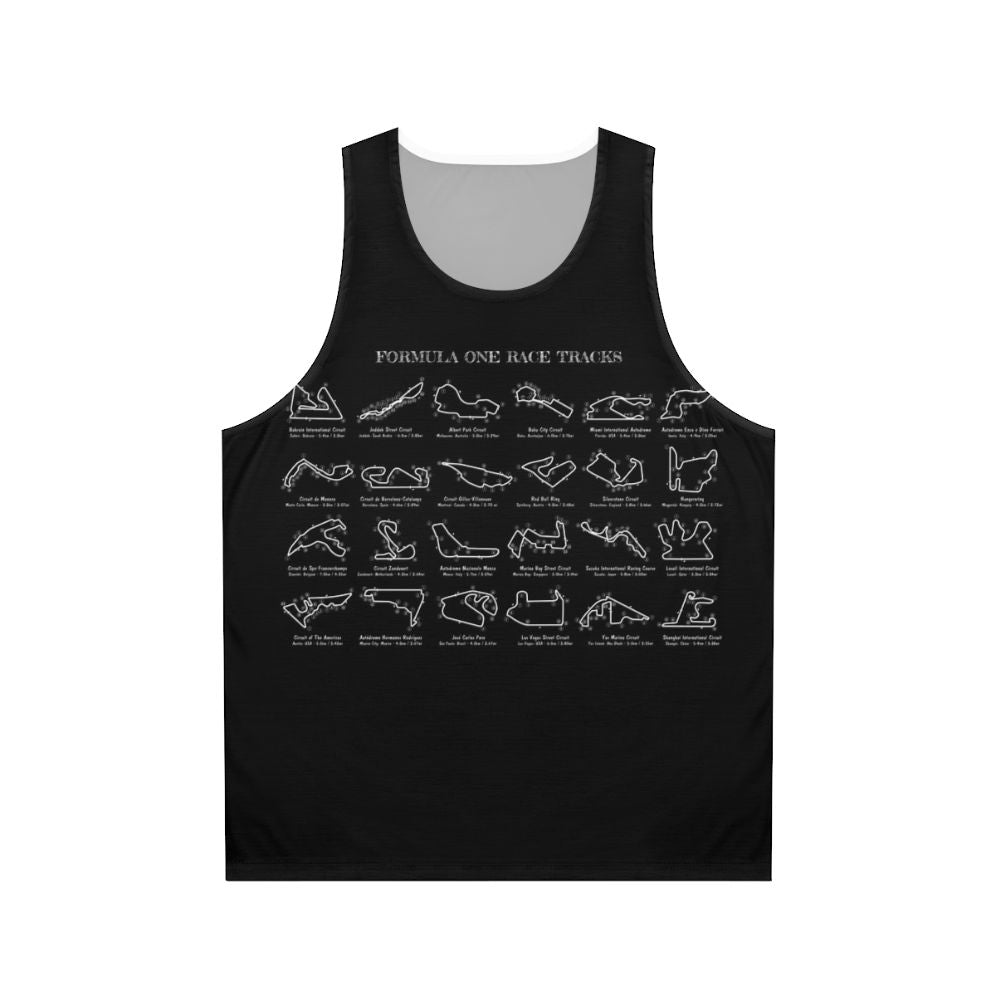 F1 racing tracks stencil design on a white unisex tank top