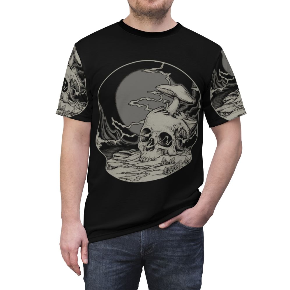 Psychedelic cosmic design with lost voyager, skull, and dark art elements on all-over-print t-shirt - men front