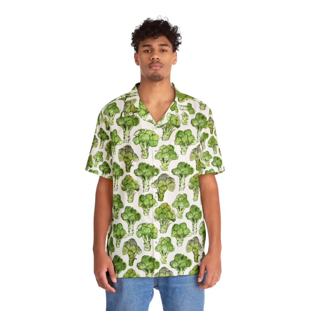 Watercolor broccoli pattern on a vibrant green Hawaiian shirt - People Front