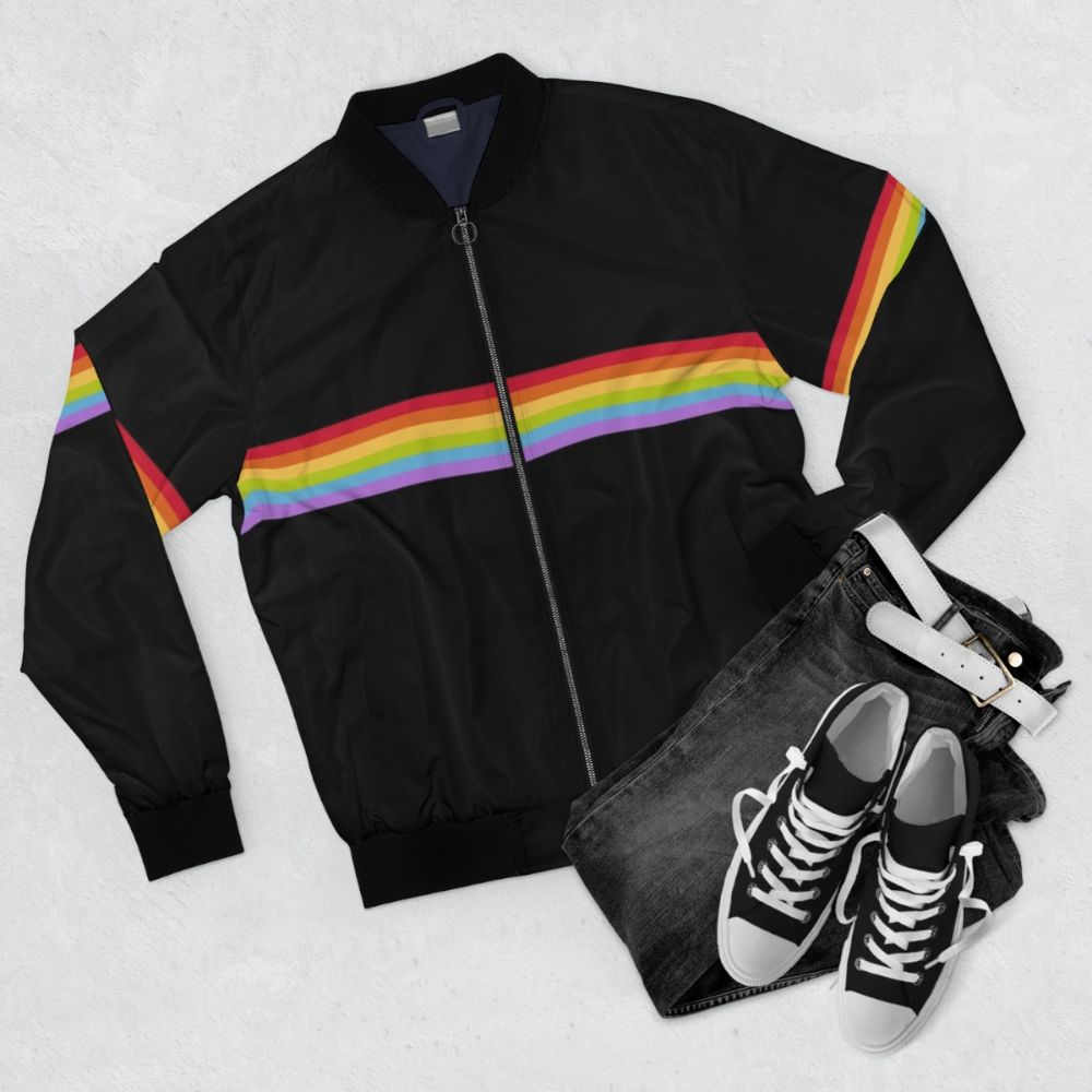 Gay Pride Rainbow Stripe Bomber Jacket - Flat lay