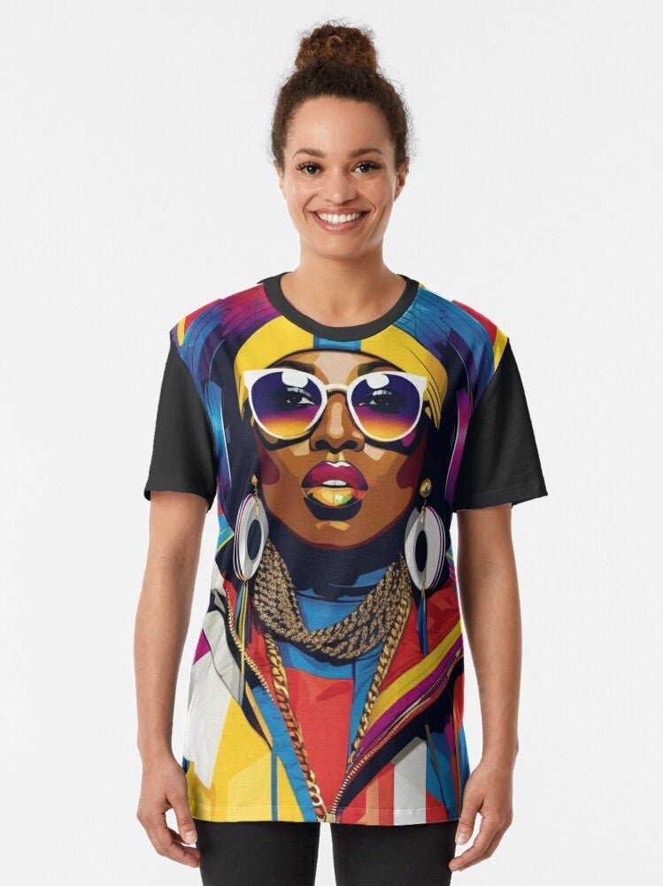 Missy Elliot wearing vibrant, colorful graphic t-shirt with headphones and sunglasses - Women