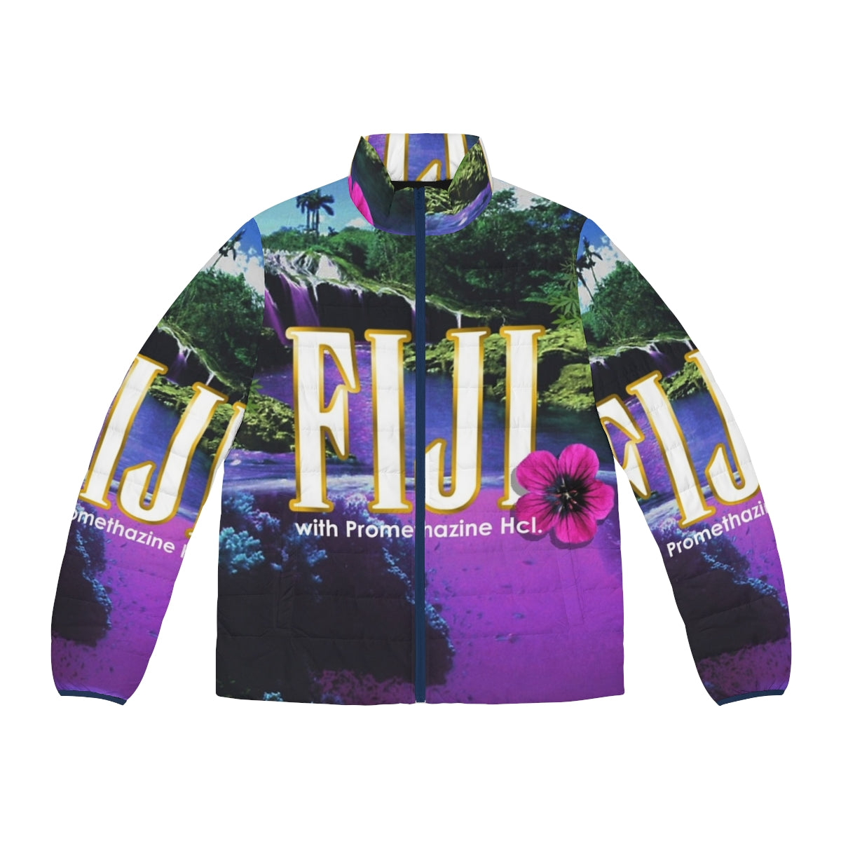 Purple vaporwave-inspired puffer jacket with aesthetic design