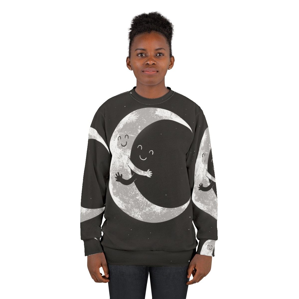 Celestial Moon Hug Sweatshirt with a smiley face moon design - women