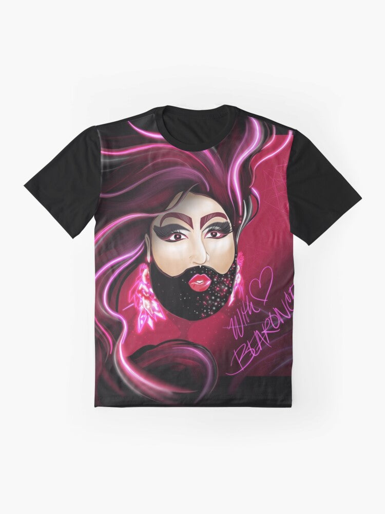 Graphic t-shirt design featuring a bearded drag queen character named Bearonce, a play on the term "bear" in the LGBTQ+ community. - Flat lay