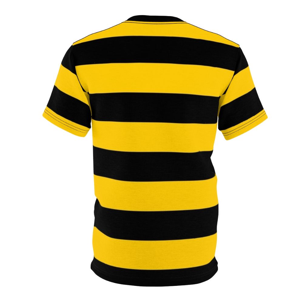 A high-quality all-over print t-shirt featuring a stylized bee pattern with black and yellow striped background. - Back