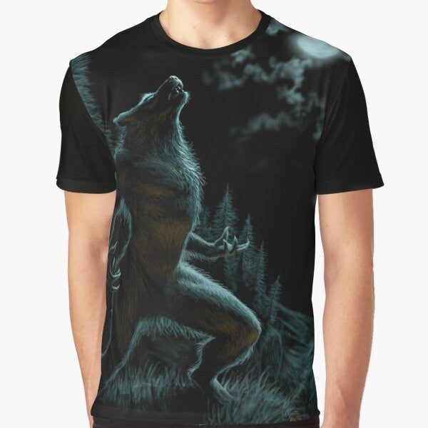 Howling werewolf silhouette under a full moon graphic t-shirt