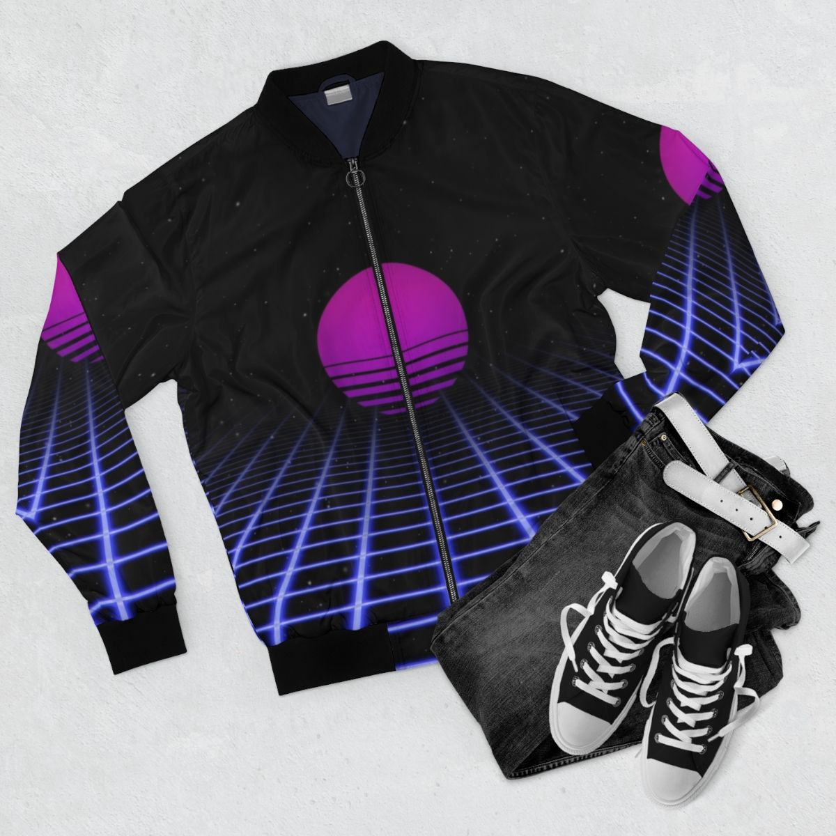 80s Sunset Aesthetic Bomber Jacket with Computer Graphics and Vapor Wave Design - Flat lay