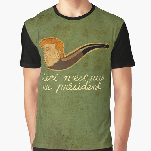 Surreal graphic t-shirt featuring the text "CECI N'EST PAS UN PRESIDENT" inspired by the works of René Magritte's surrealist art.