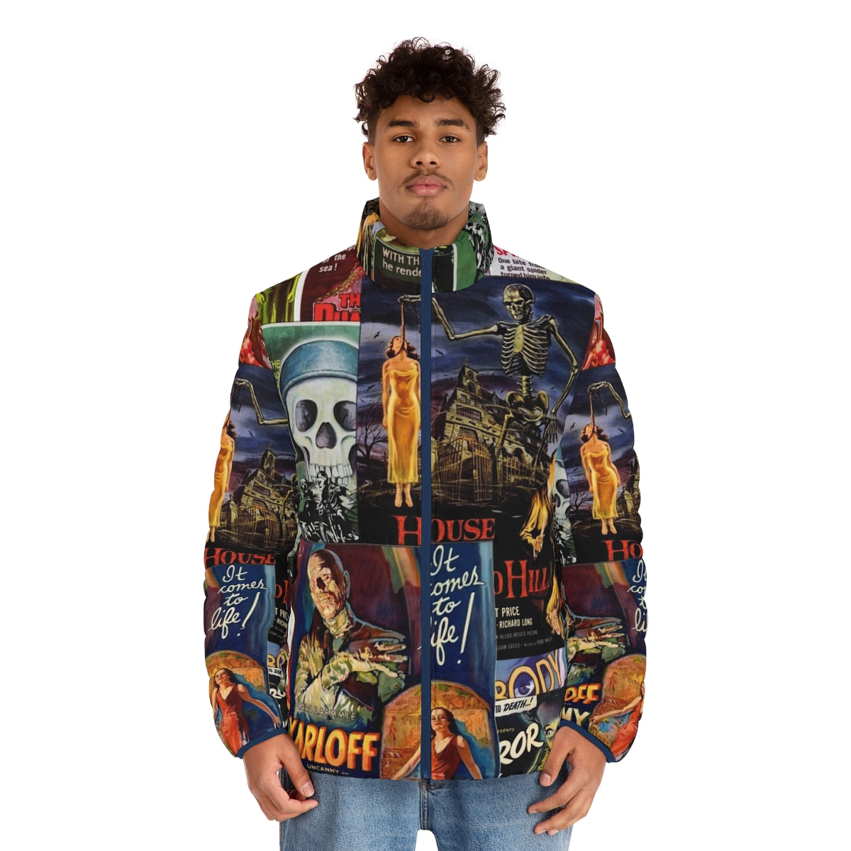 Monster movies puffer jacket featuring vintage horror film icons - men front