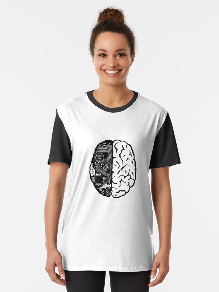 A graphic t-shirt with a binary code pattern and the text "Coding Brain" for computer programmers and software engineers. - Women