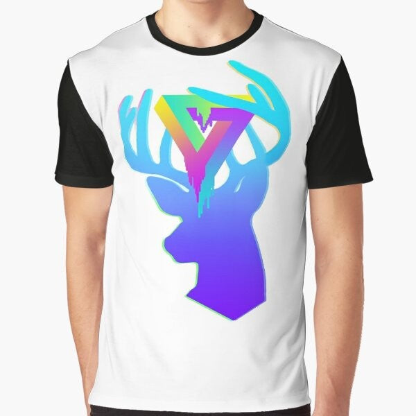 Deer silhouette design in neon colors on a graphic t-shirt, inspired by vaporwave aesthetics.