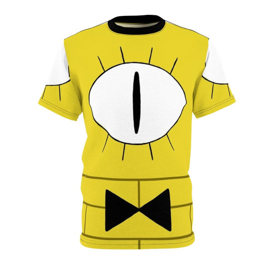 Graphic t-shirt design featuring a mysterious yellow eye, inspired by the character Bill Cipher from the Gravity Falls TV show