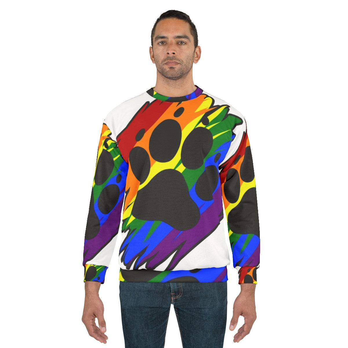 Vibrant rainbow paint splatter design on a comfortable sweatshirt - men