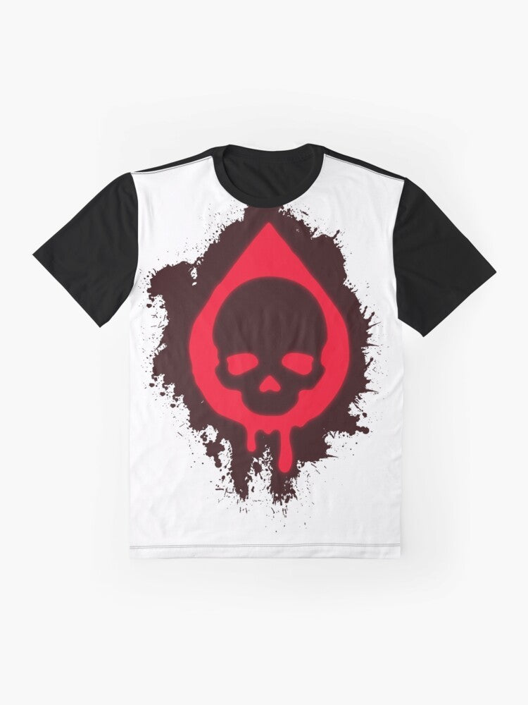 State of Decay 2 Plague Heart graphic t-shirt featuring a skull and blood design - Flat lay