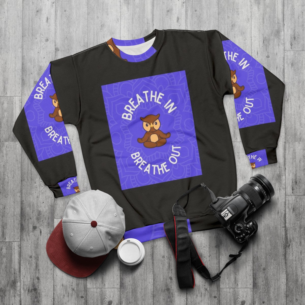 Owl Yoga Sweatshirt with Breathe In Breathe Out Design - flat lay