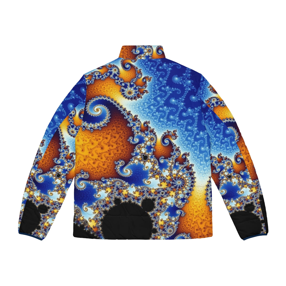 Puffer jacket featuring the intricate Mandelbrot set fractal pattern, a captivating mathematical art design - Back