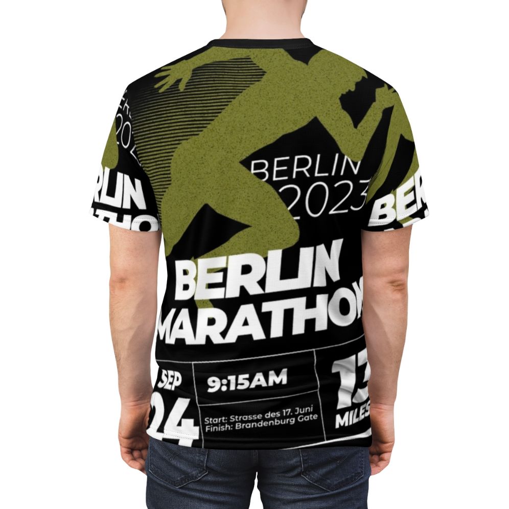 Berlin Marathon 2023 AOP T-shirt, featuring a runner on a running trail - men back