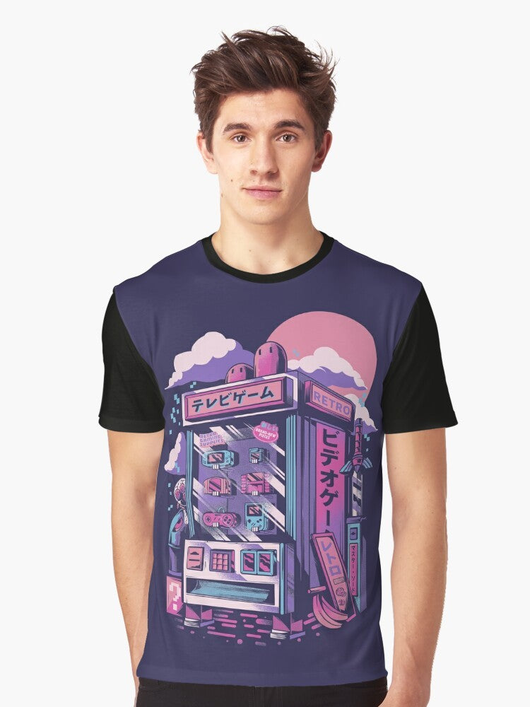 Retro gaming machine graphic t-shirt with pixel art design featuring joystick, vending machine, and 80s neon colors. - Men