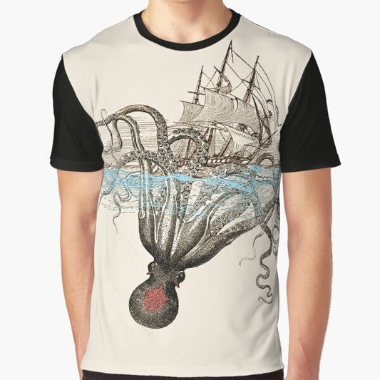 Graphic t-shirt featuring a kraken, a mythological sea monster, with Viking-inspired design