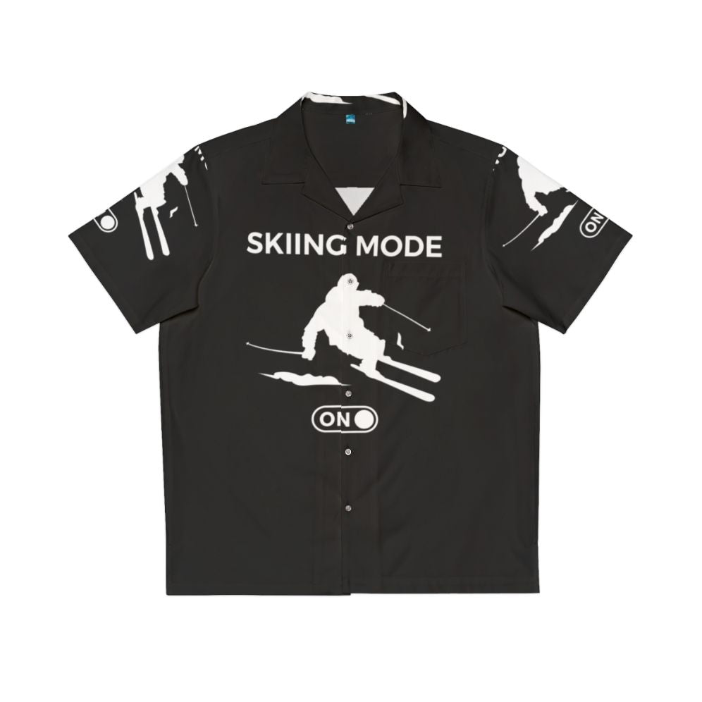 Skier wearing Hawaiian shirt with skiing graphics