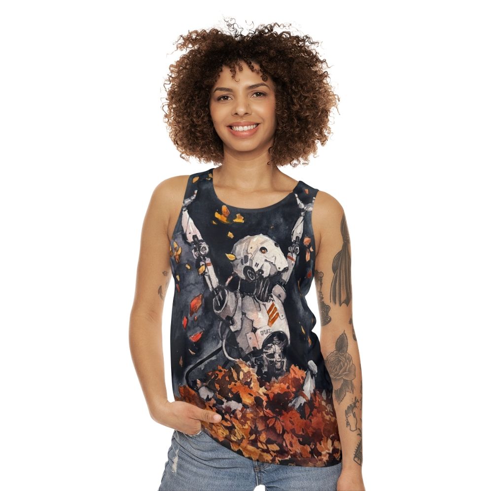 Autumn Fun Unisex Watercolor Tank Top with Nature Robot Design - women