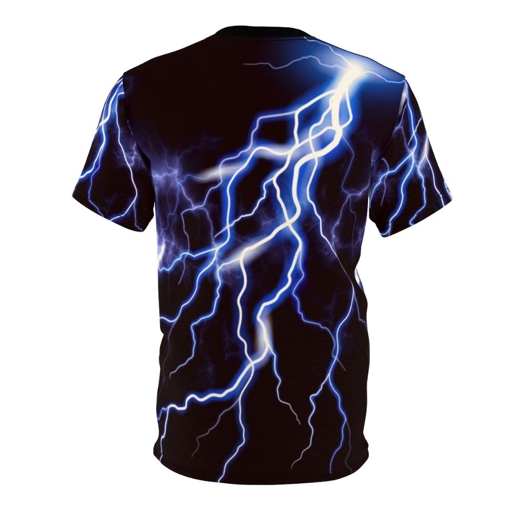 Person wearing a t-shirt with a vibrant lightning bolt graphic design on a night sky background - Back