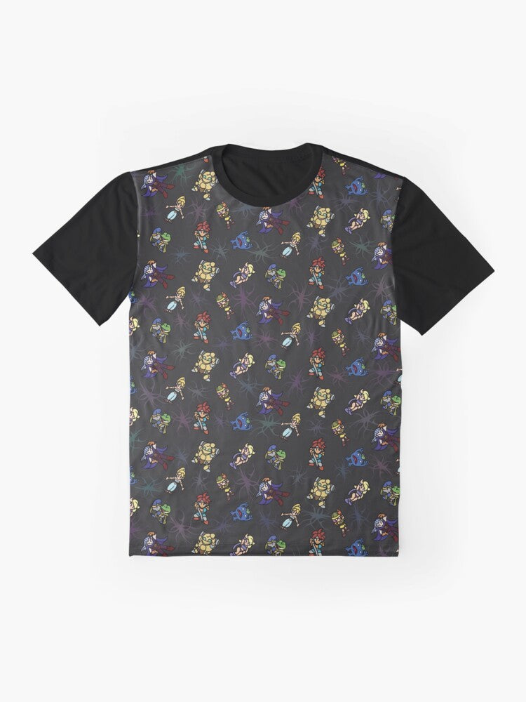 Chrono Trigger retro anime-style graphic t-shirt featuring characters Marle, Frog, Magus, Lucca, Nu, Ayla, and Robo - Flat lay