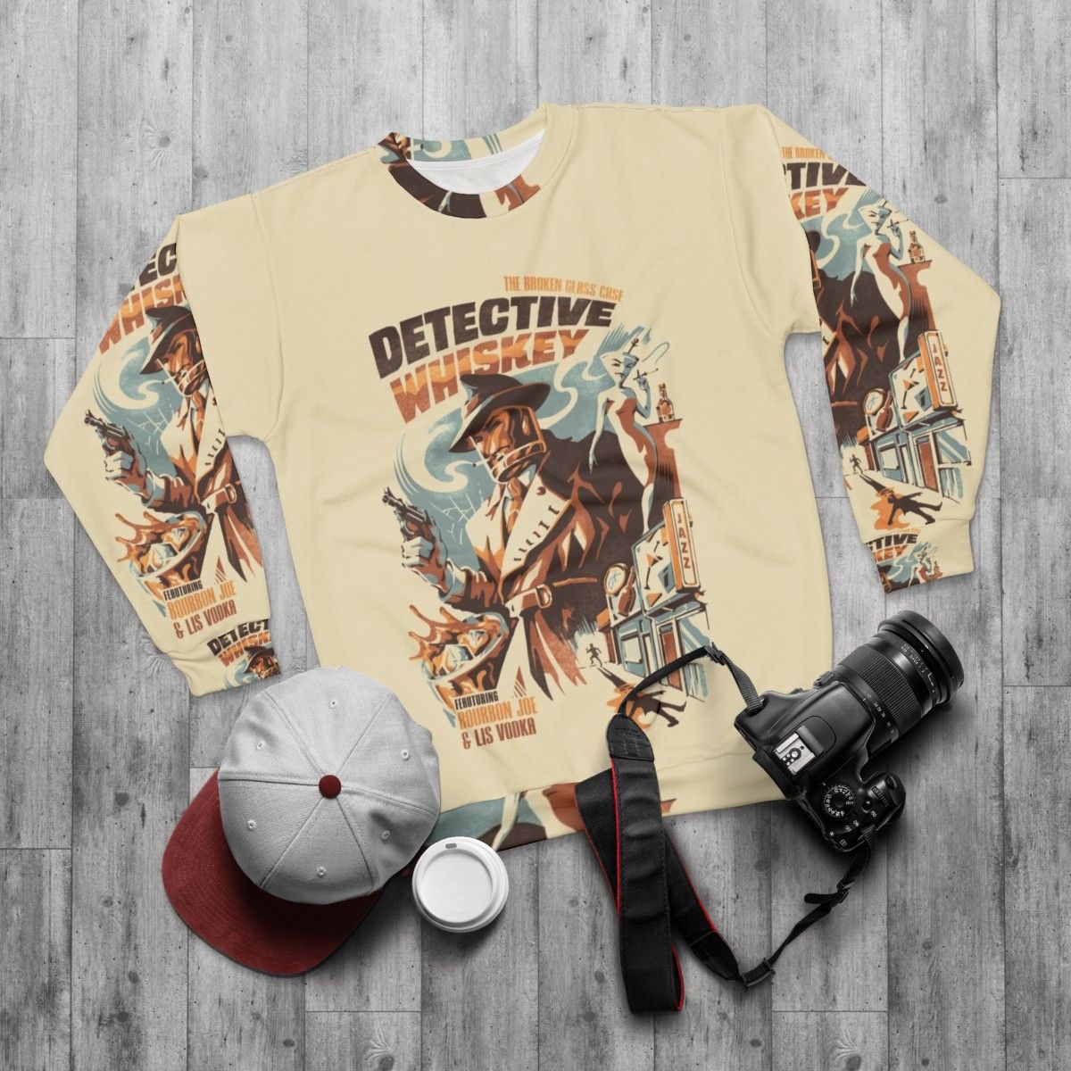 Vintage detective whiskey sweatshirt - flat lay