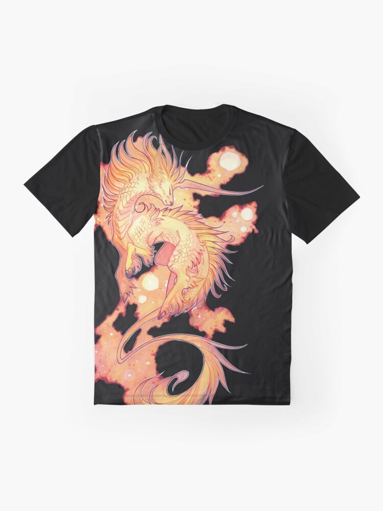 A colorful graphic t-shirt featuring a space unicorn, also known as a drachenmagier or kirin, a fantasy creature with a unique design. - Flat lay