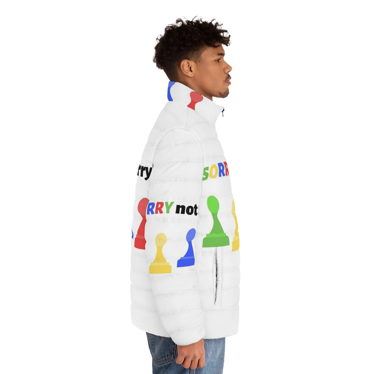 Sorry Not Sorry Puffer Jacket with vibrant board game inspired graphics - men side right