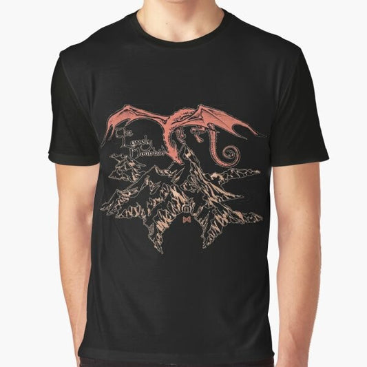 Lonely dragon graphic t-shirt featuring a fantasy design inspired by the Lord of the Rings universe created by J.R.R. Tolkien.