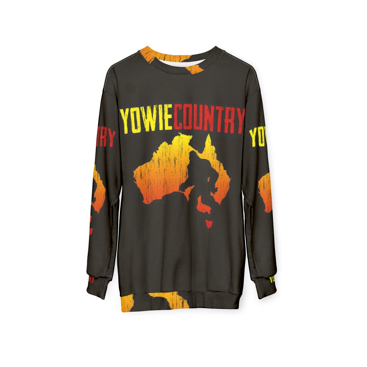 Yowie Country Sweatshirt featuring bigfoot, sasquatch, and other Australian cryptid designs - hanging