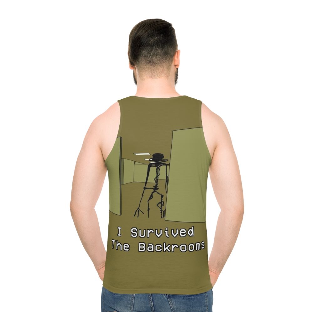 Backrooms inspired unisex tank top featuring creepy liminal space horror design - men back