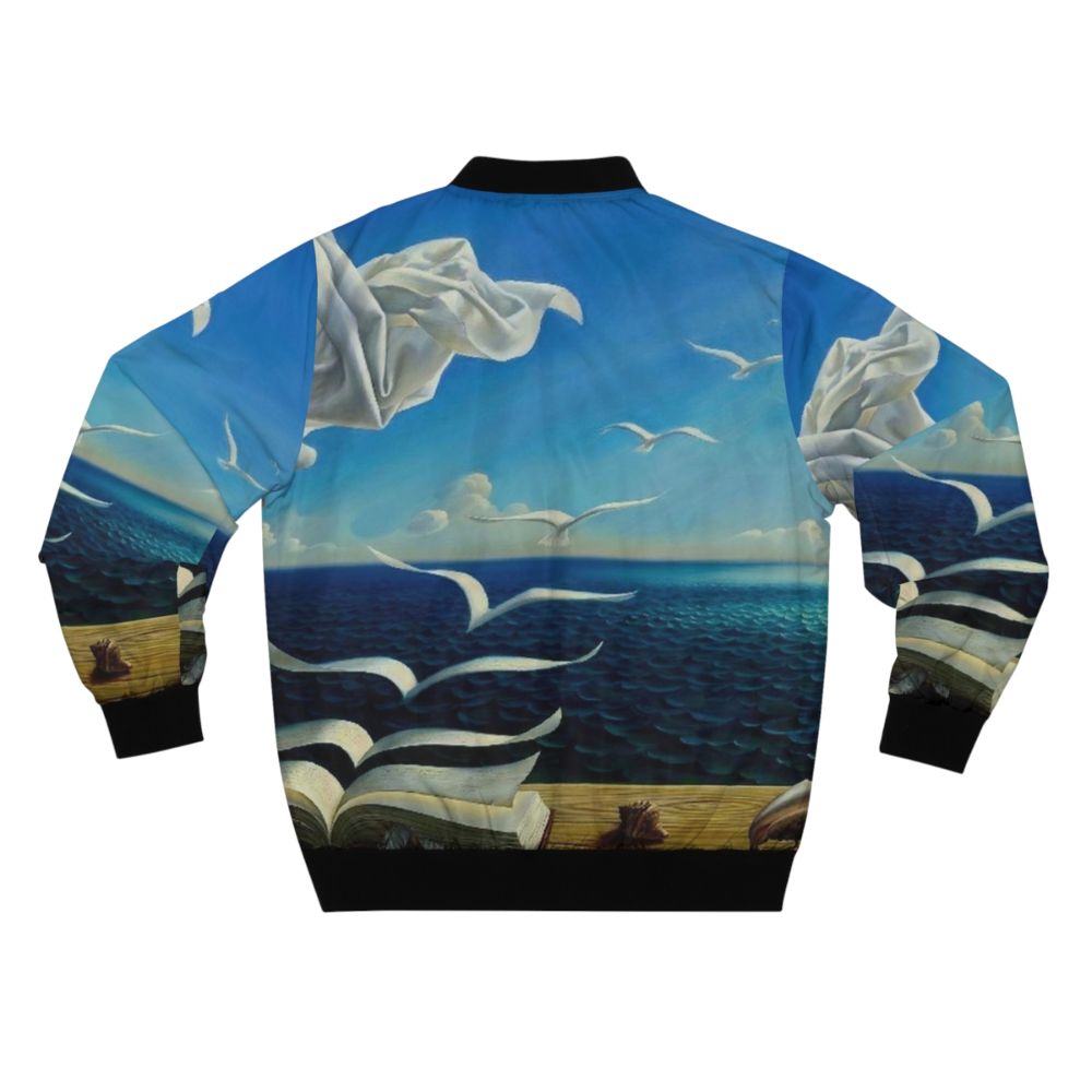 Vintage fantasy surreal print bomber jacket featuring book pages, birds, and sun imagery - Back